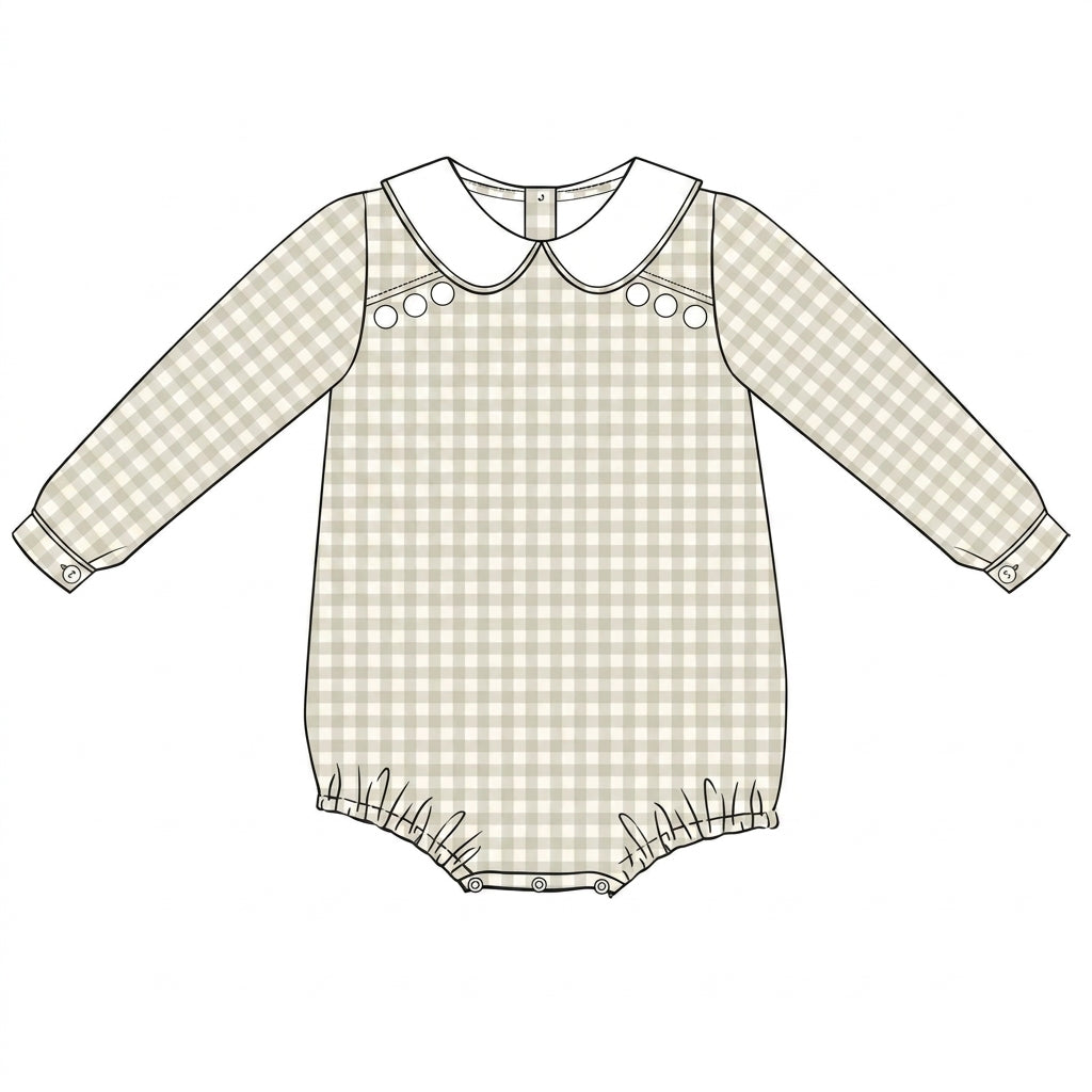 Beige gingham baby boy bubble with Peter Pan collar
