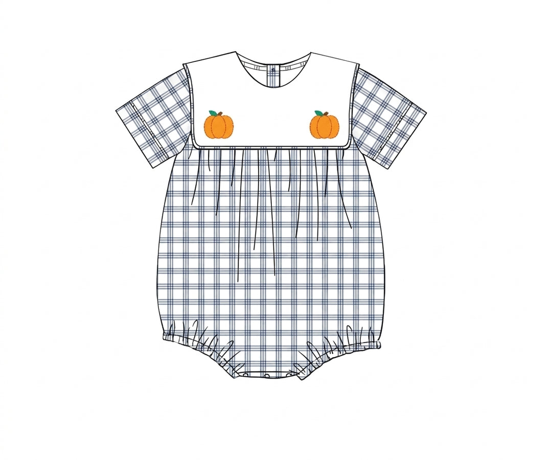 Navy plaid baby bubble with white bib and pumpkin appliques