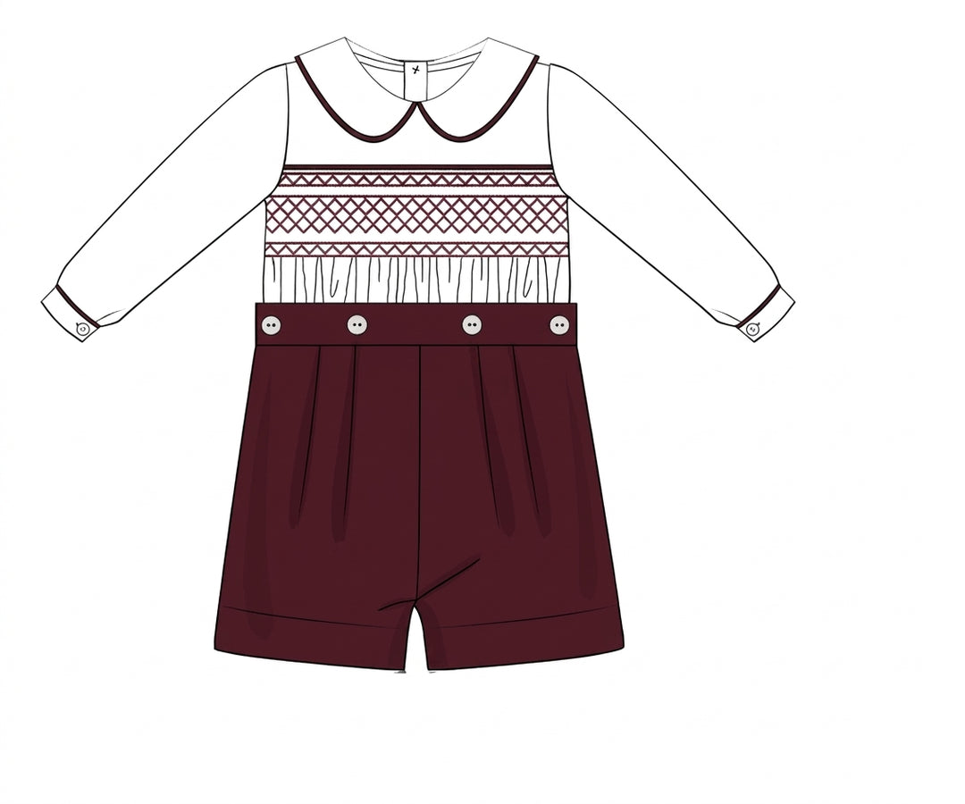 Burgundy boys short set with white collar and smocked panel