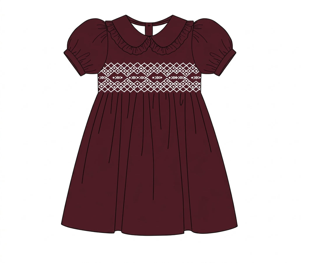 burgundy puff sleeve dress with white smocked lattice