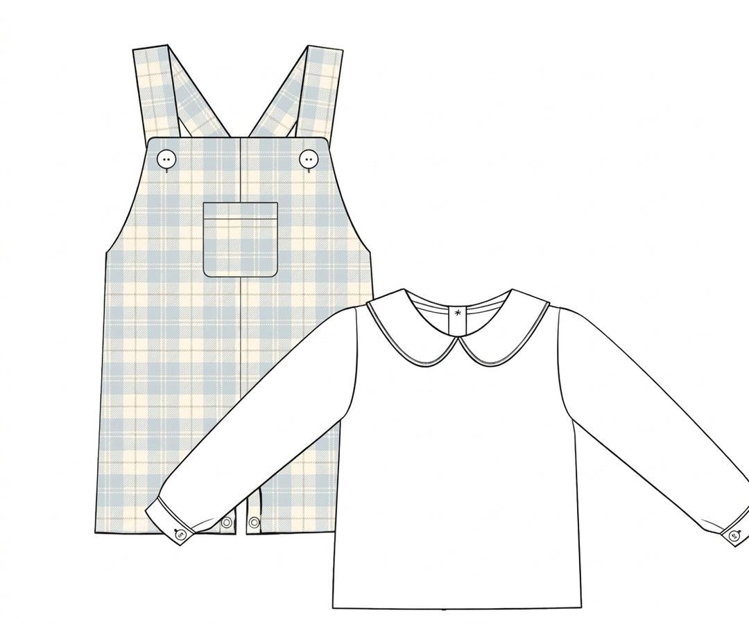 Pale blue plaid shortall with white Peter Pan shirt
