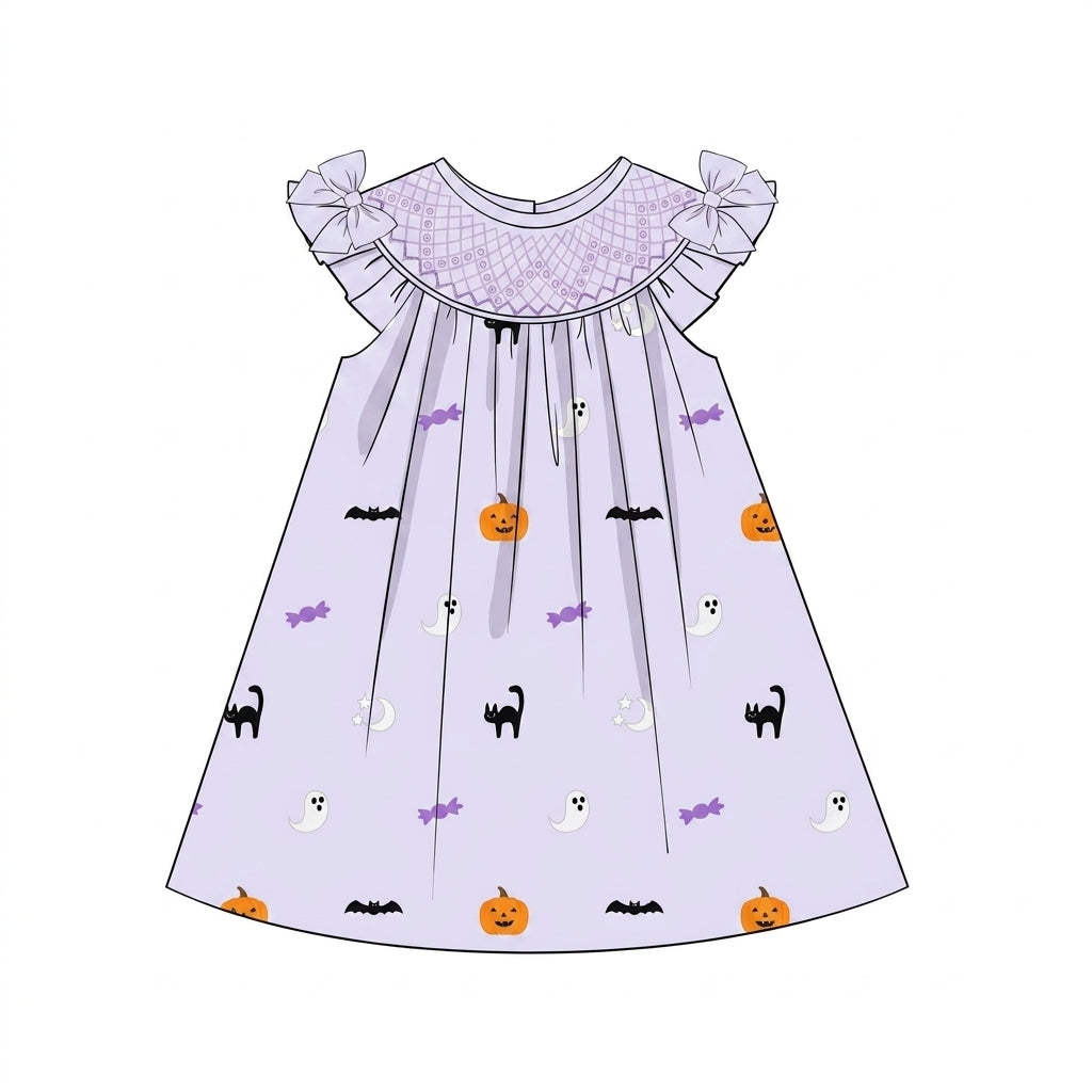 Lavender smocked dress with Halloween embroidery and ruffle sleeves