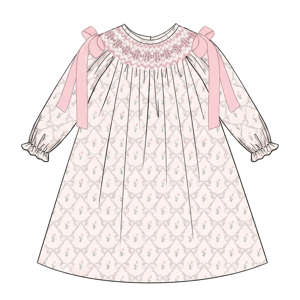 White smocked dress with blush bows and floral lattice print