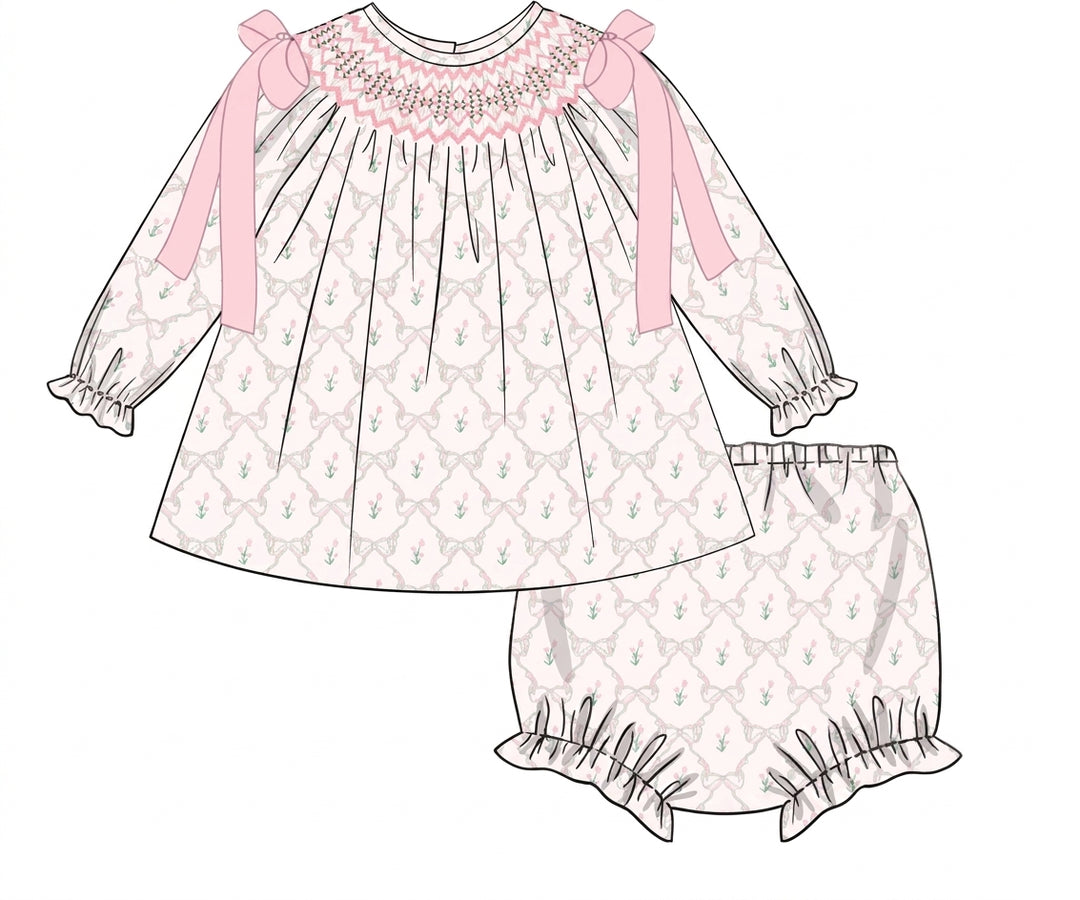 Ivory smocked bloomer set with blush shoulder bows