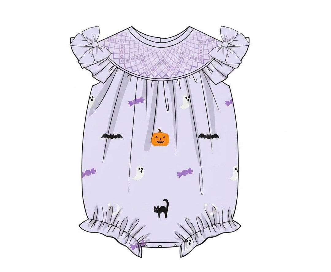 Lavender smocked bubble with Halloween embroidery and ruffle sleeves
