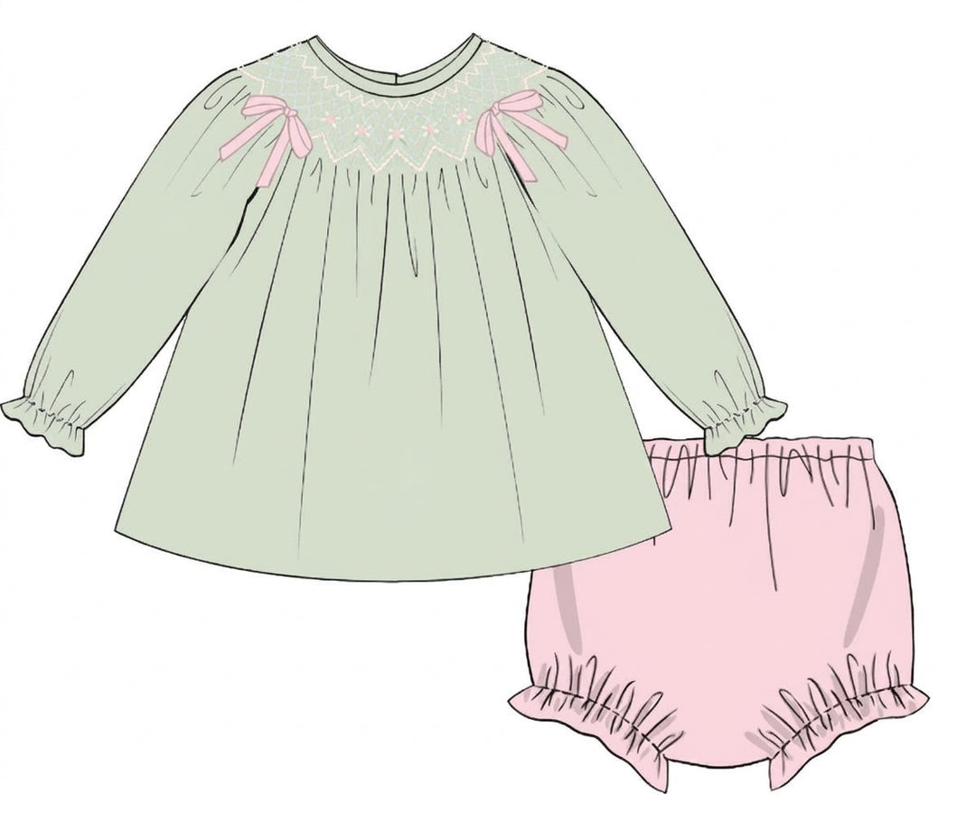 Sage green corduroy bloomer set with pink bows