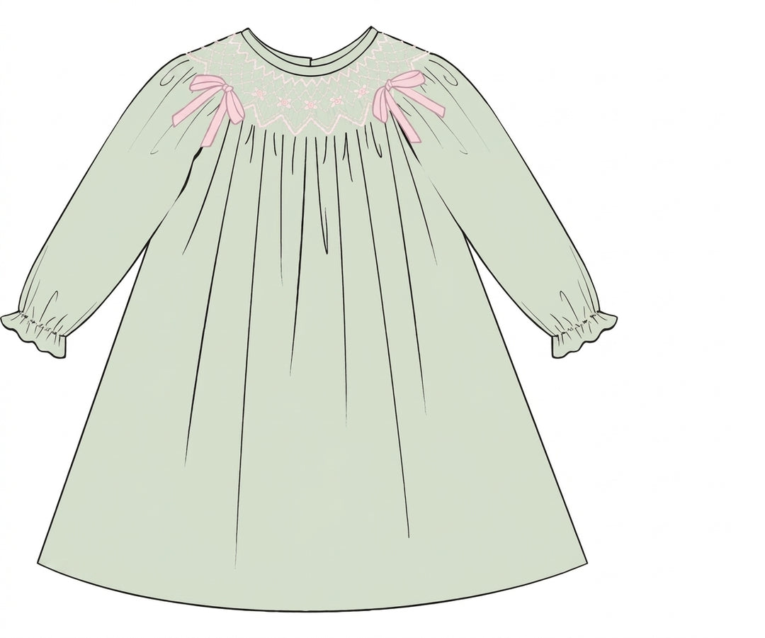 Sage corduroy dress with pink bows and smocked yoke