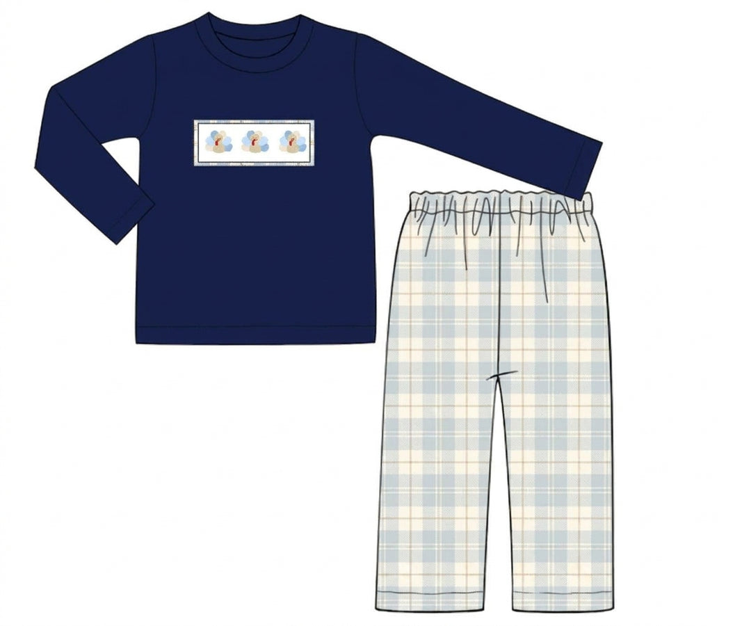 Navy turkey embroidered pajamas with plaid pants