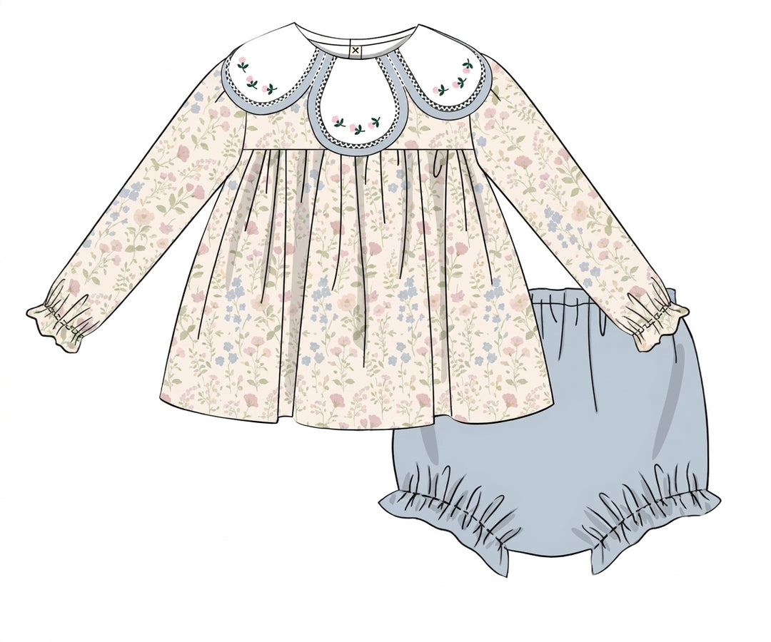Ivory floral corduroy dress with blue bloomers