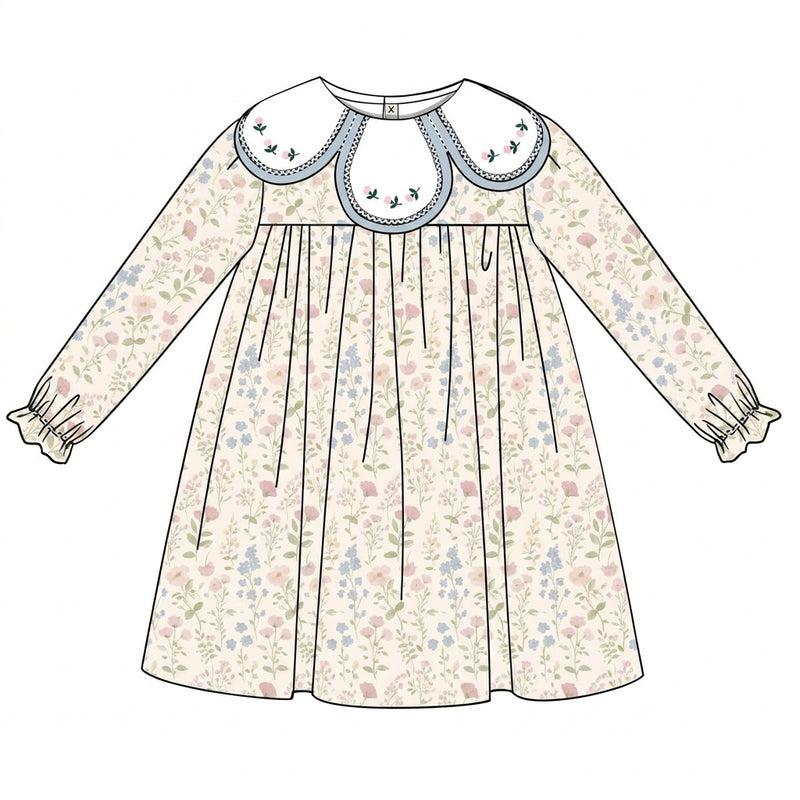 Cream floral corduroy dress with embroidered scalloped collar