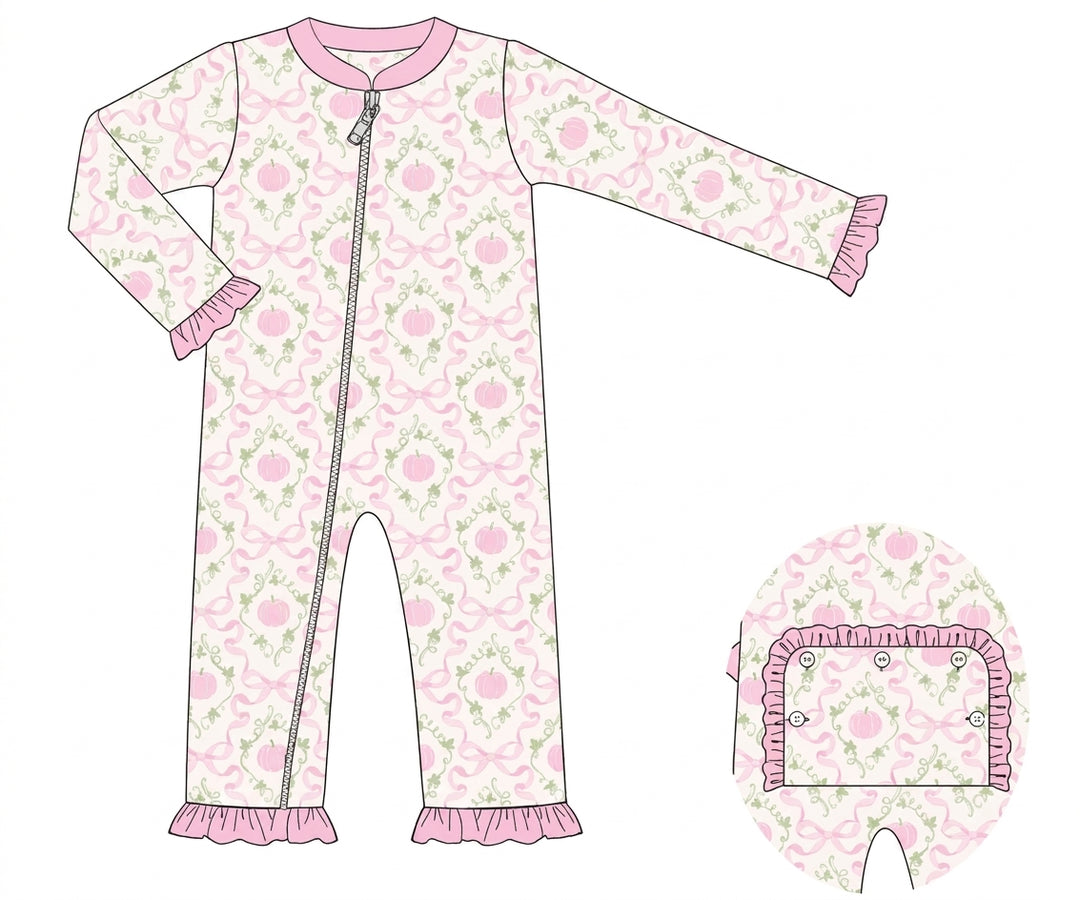 White zip pajamas with pink pumpkin vine print