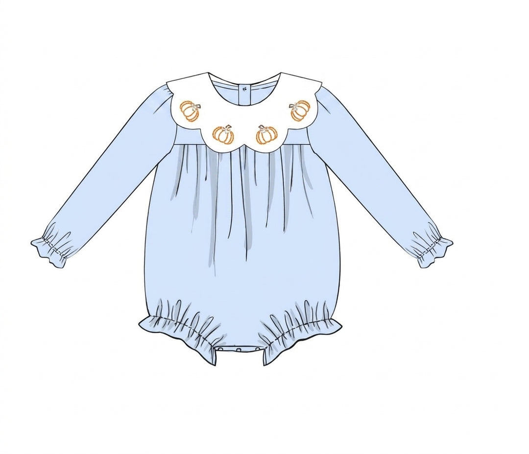 Blue long sleeve bubble with embroidered pumpkin yoke