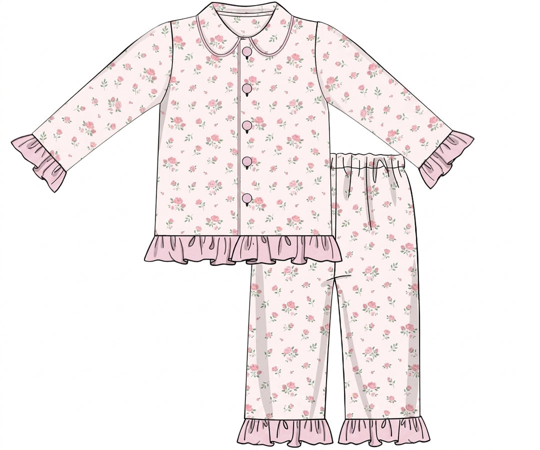 White floral knit pajamas with pink ruffle trim