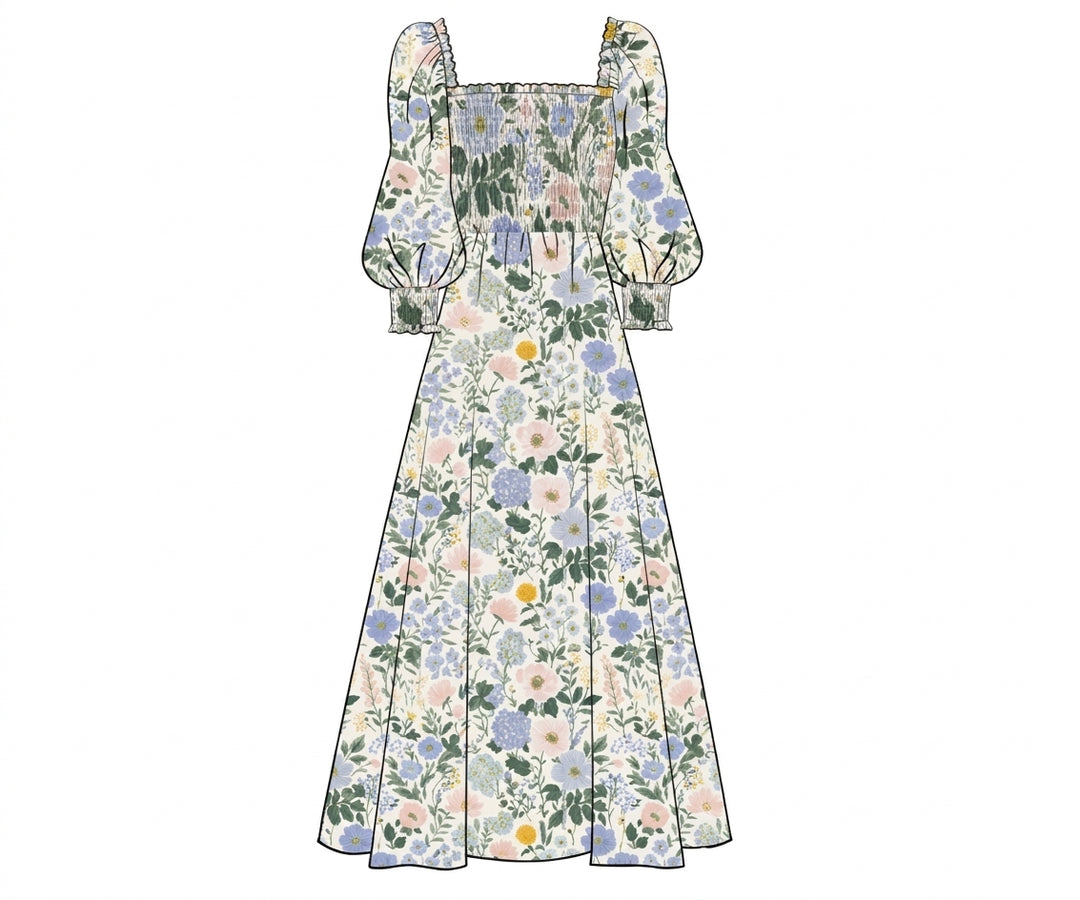 Cream floral smocked dress with puff sleeves