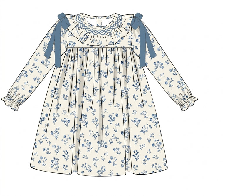 Cream blue floral long sleeve dress with shoulder bows