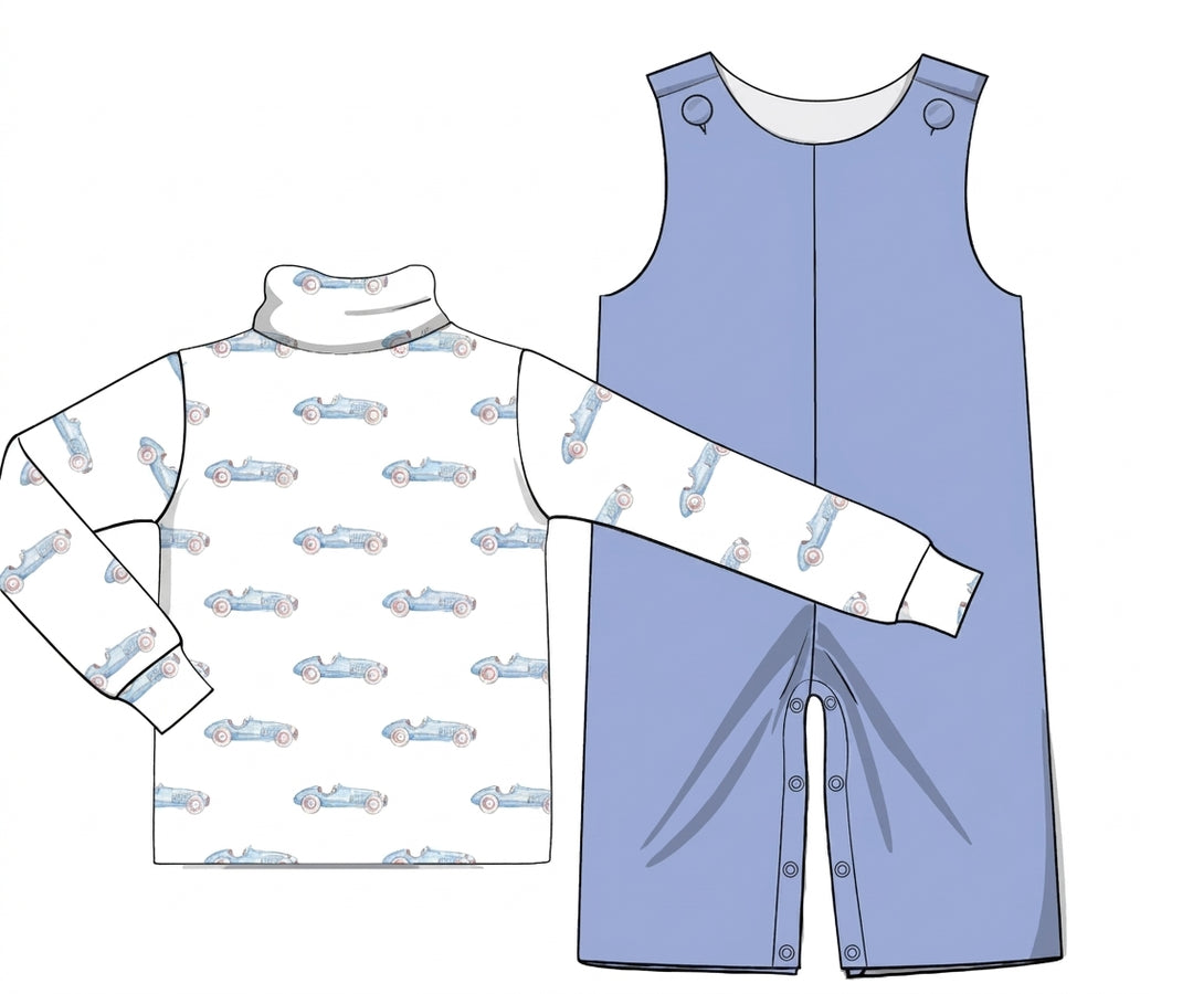 blue corduroy longall with race car turtleneck
