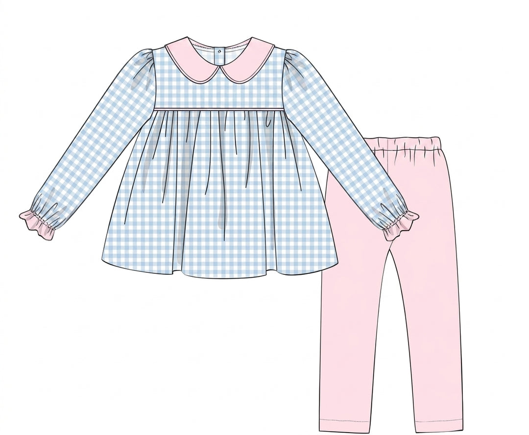Blue gingham dress with pink collar and leggings