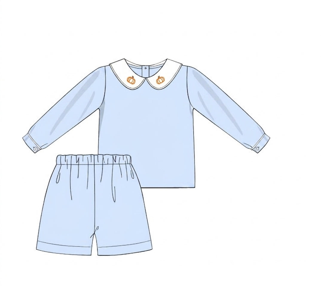Light blue boys short set with embroidered pumpkin collar