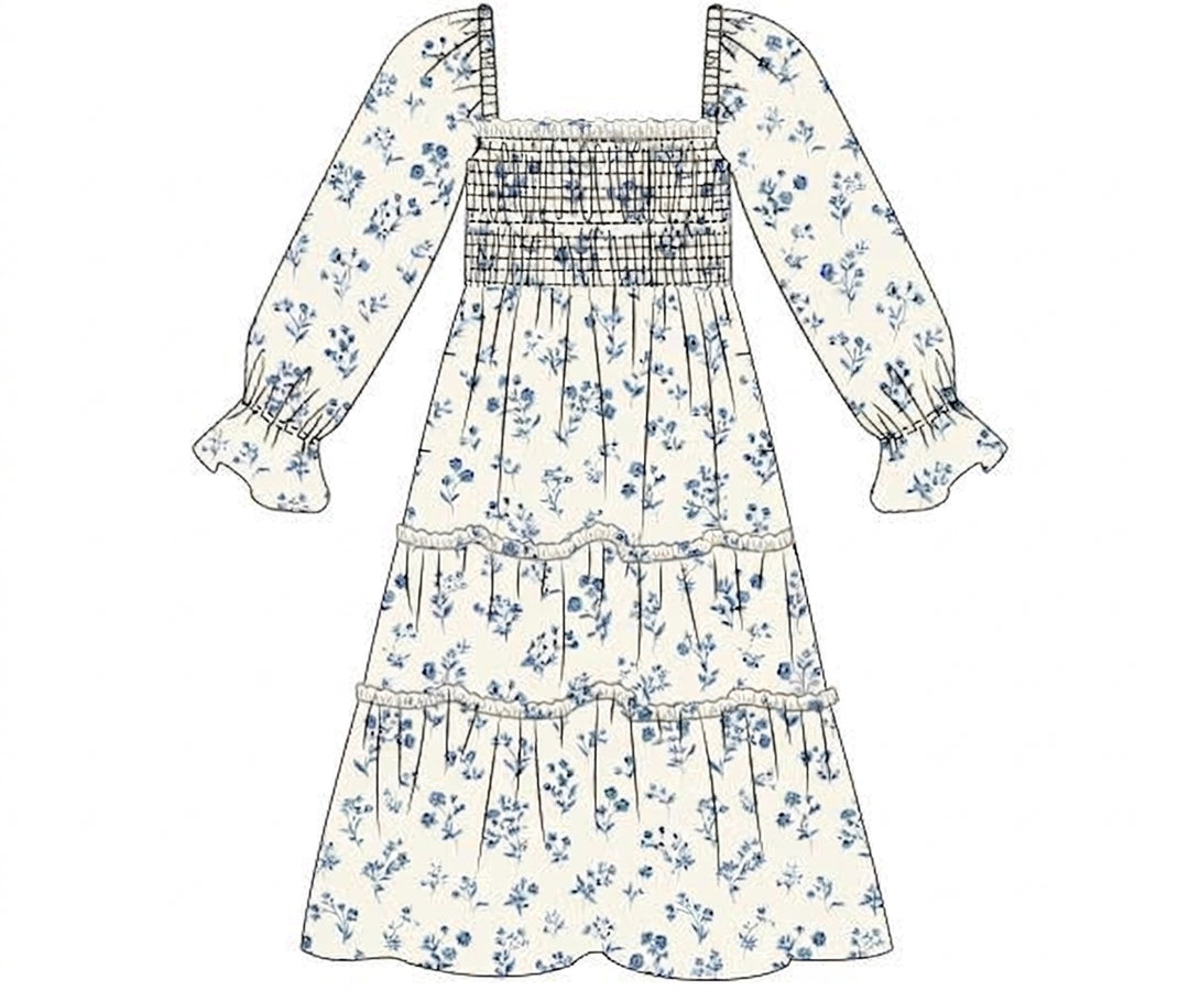 Cream girls dress with blue floral print and smocking
