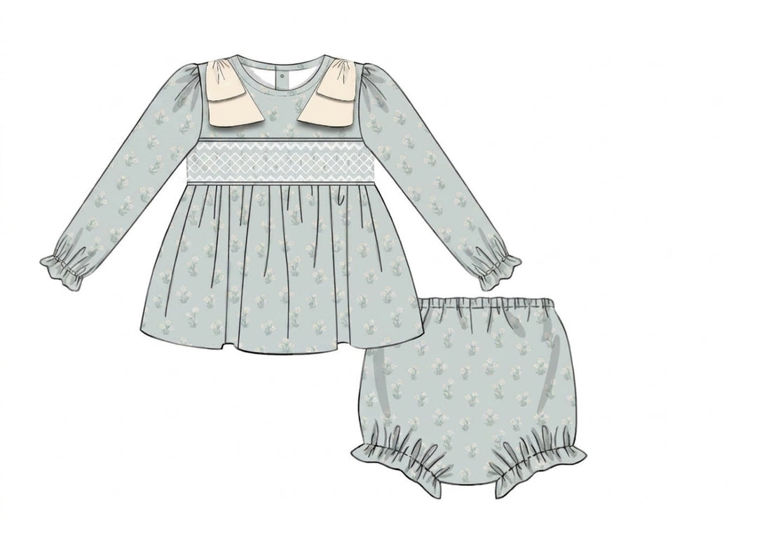 blue smocked dress set with cream collar and bloomers