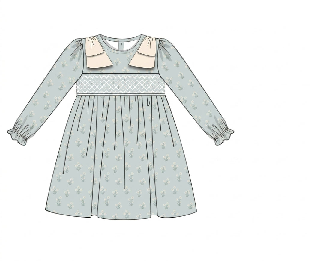Blue floral long sleeve smocked dress with cream collar