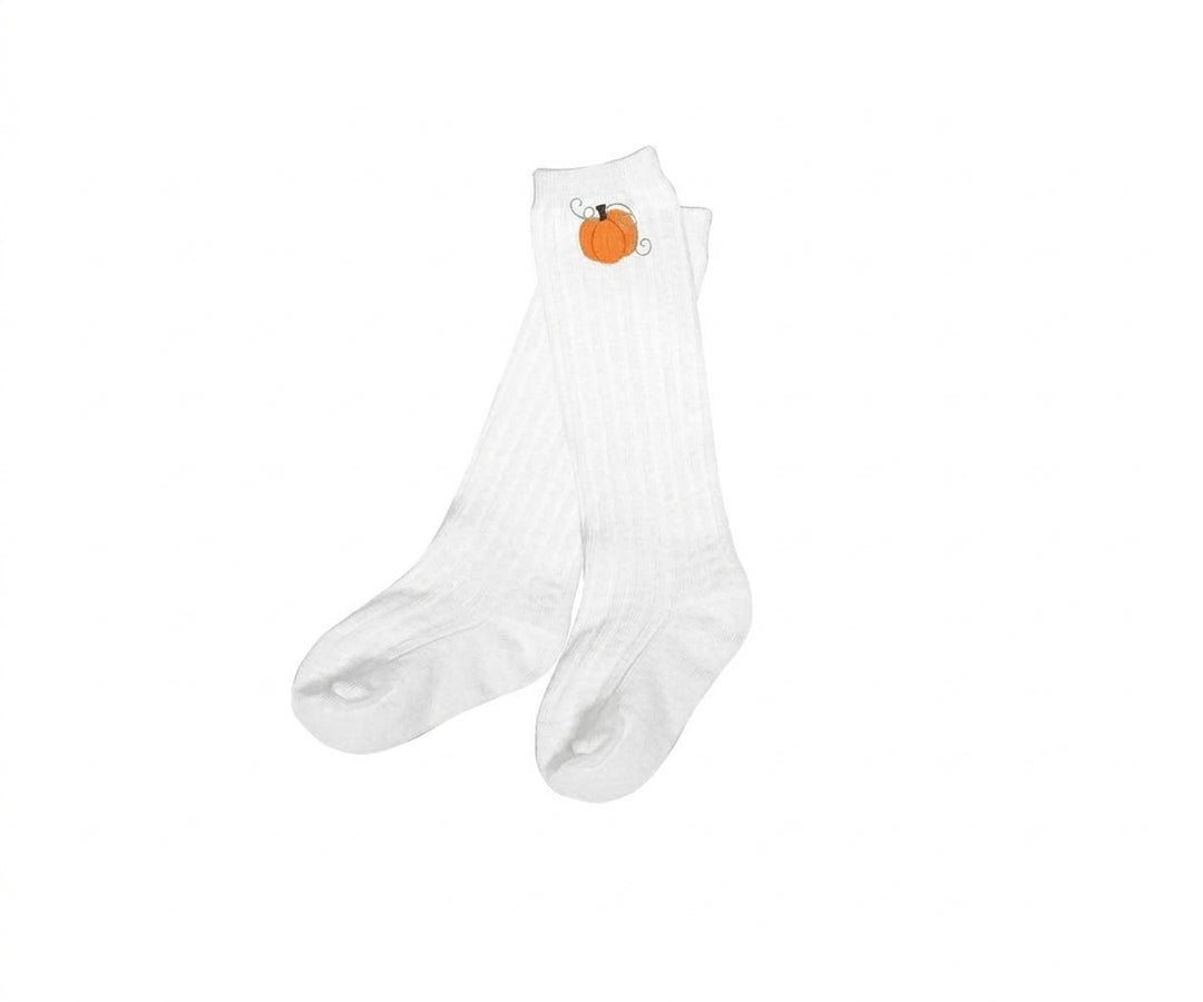 White knee socks with small embroidered orange pumpkin