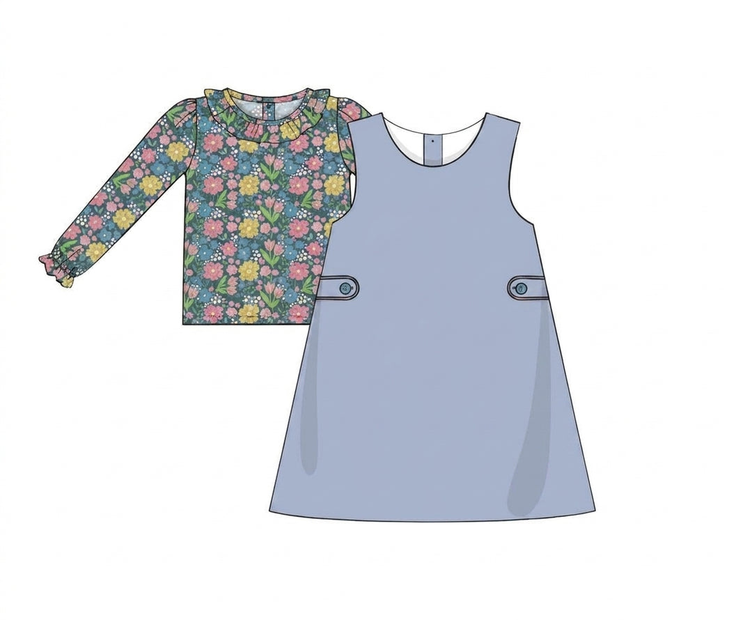Blue corduroy pinafore with floral long sleeve blouse