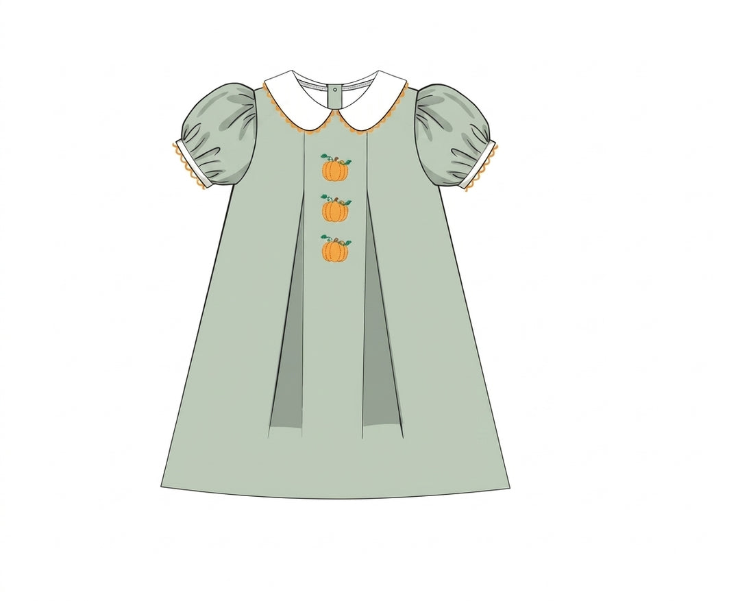 Green corduroy girls dress with pumpkin embroidery and puff sleeves