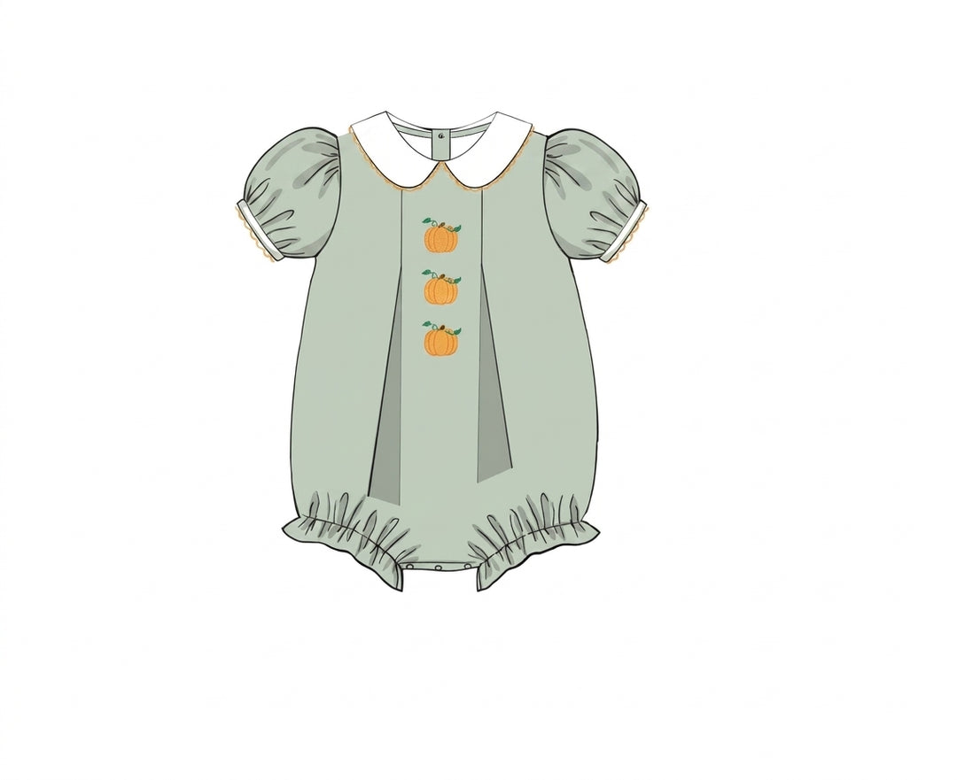Sage corduroy bubble with puff sleeves and pumpkin embroidery
