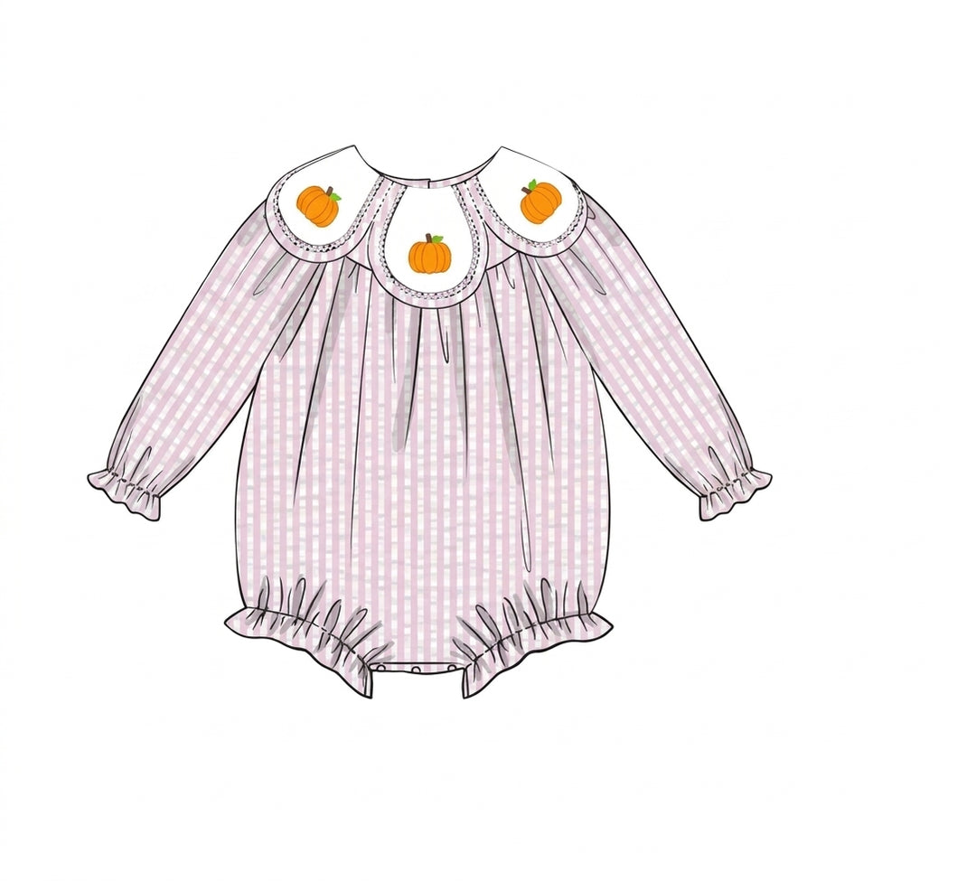 Pink gingham baby bubble with embroidered pumpkin collar