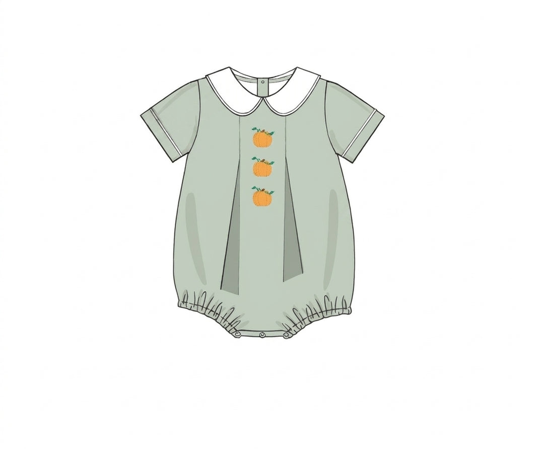 Sage corduroy romper with white collar and pumpkin embroidery