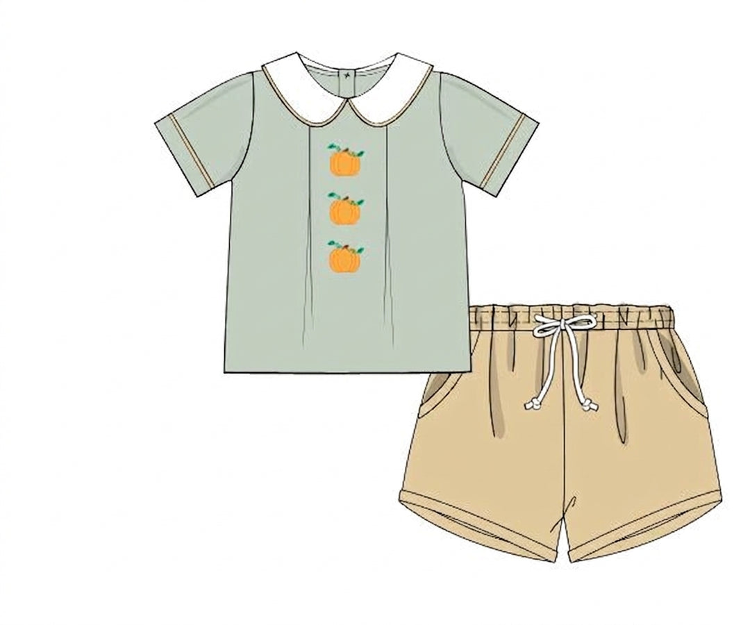 Sage pumpkin embroidered shirt with khaki shorts