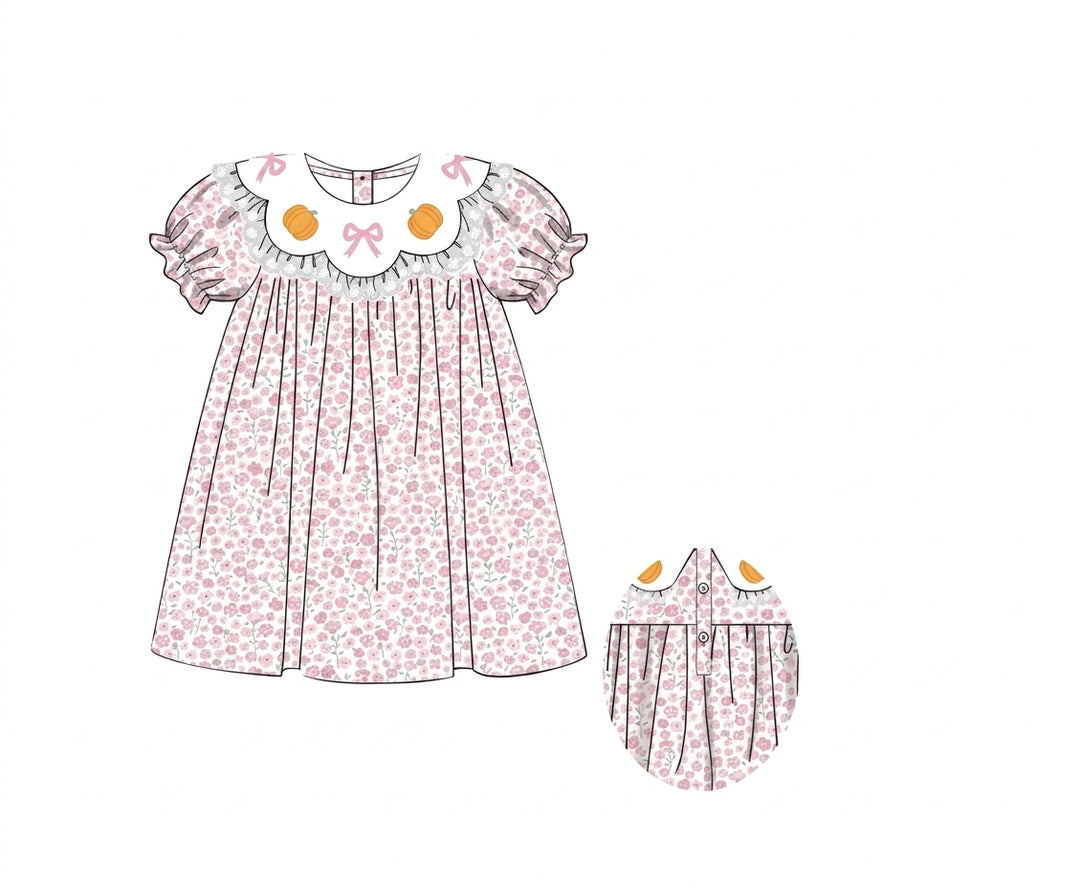 Pink floral girls dress with embroidered pumpkin collar