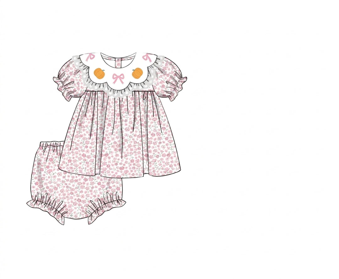Pink floral pumpkin dress with matching ruffle bloomers
