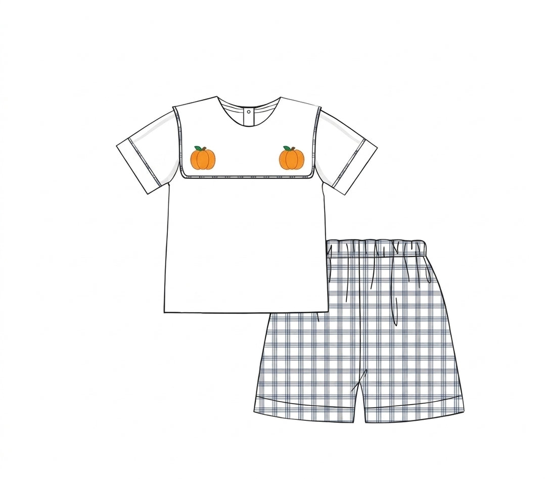 White pumpkin shirt with plaid shorts for boys