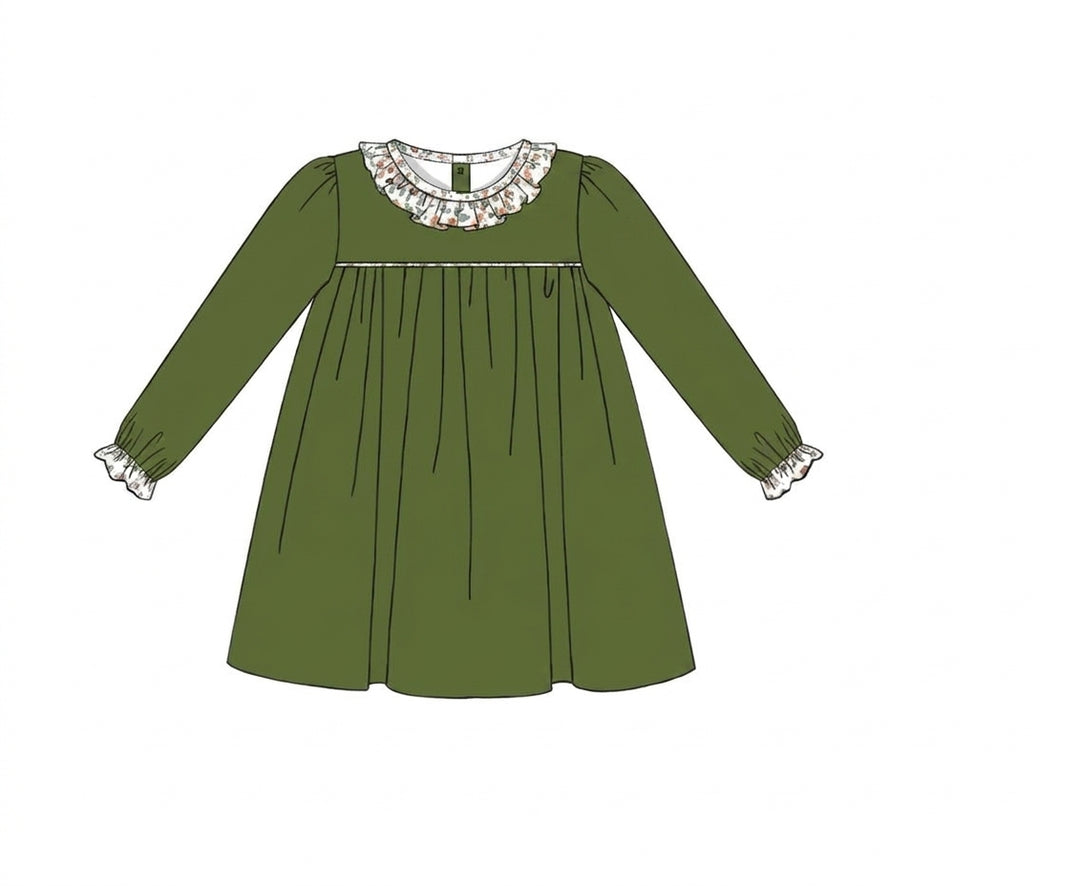 green corduroy girls dress with floral ruffle collar