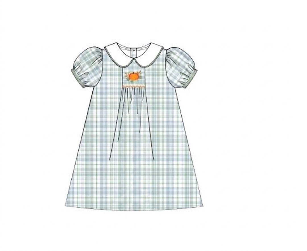 Green gingham girls dress with pumpkin smocked bodice