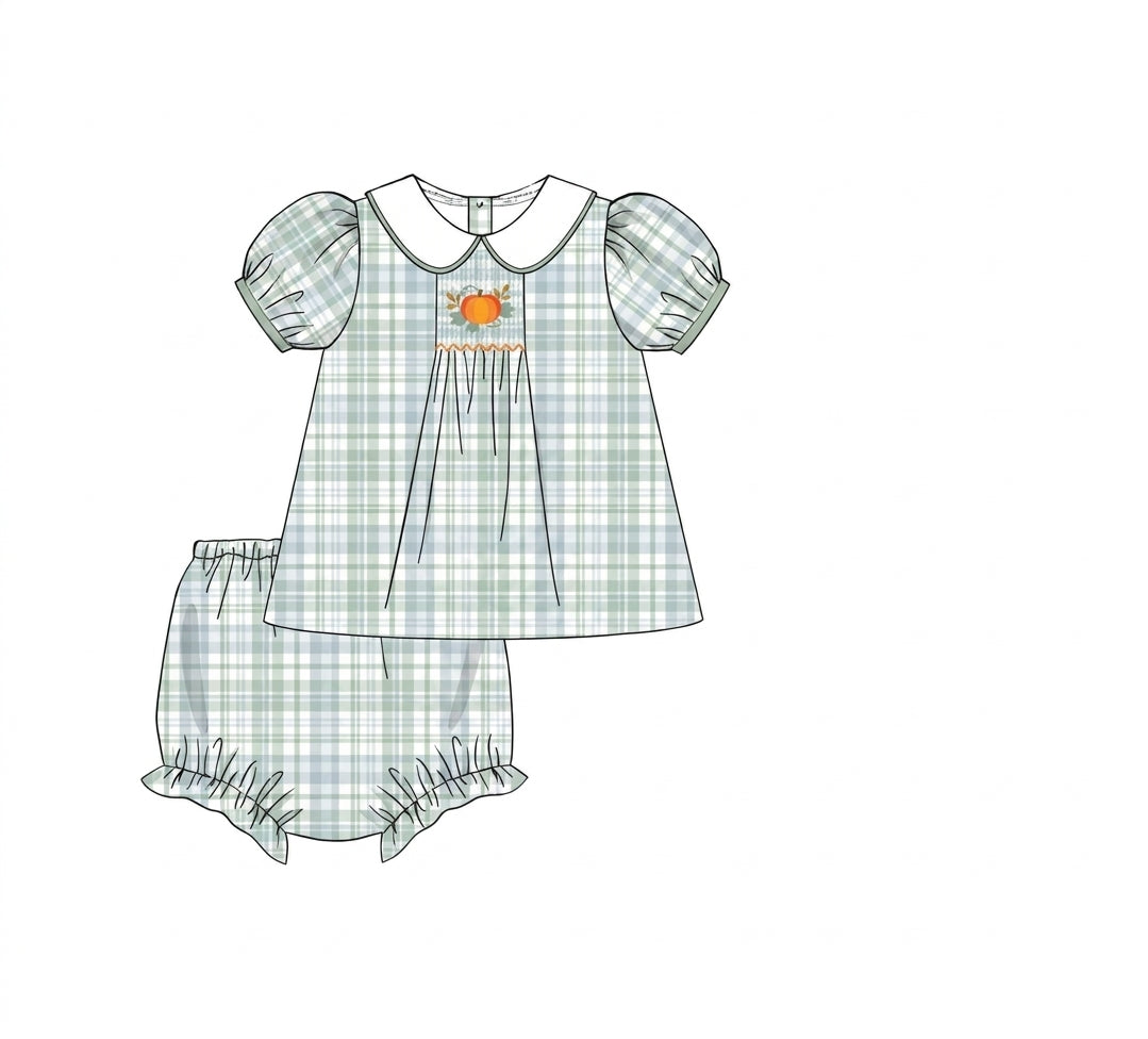 Green gingham pumpkin dress set with matching bloomers