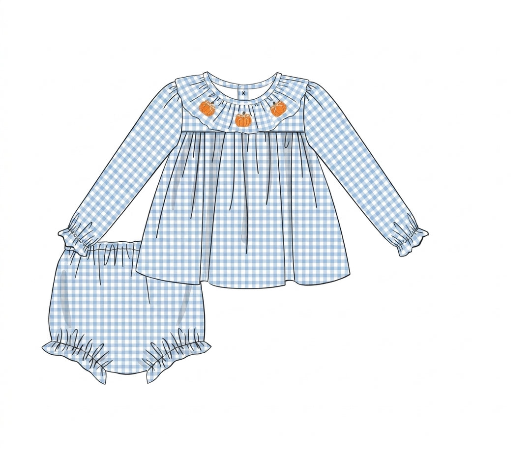 Blue gingham pumpkin dress set with matching bloomers