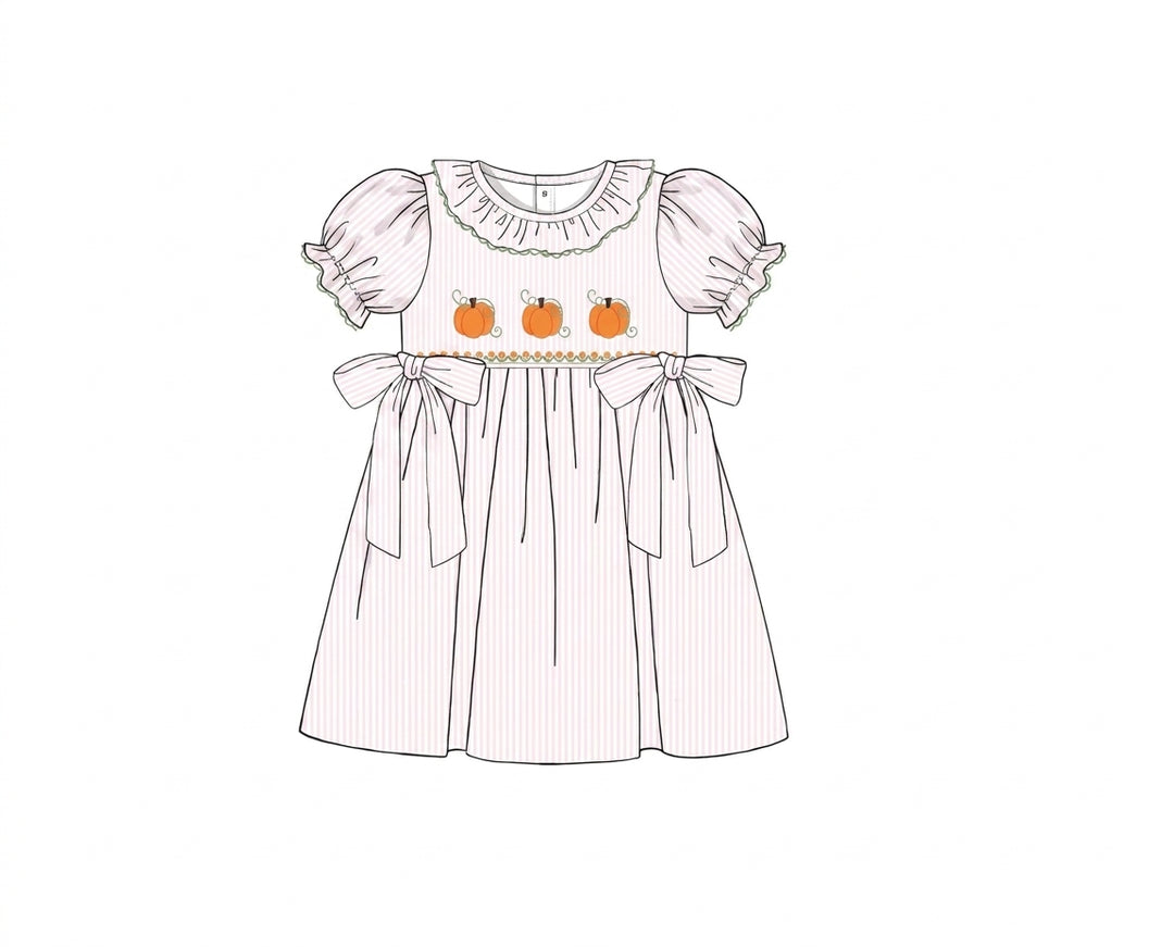 White girls dress with pumpkin embroidery and side bows