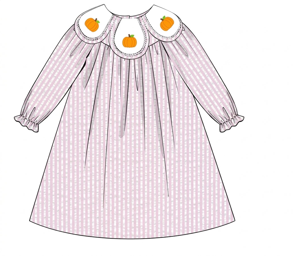 Pink gingham dress with embroidered pumpkin collar