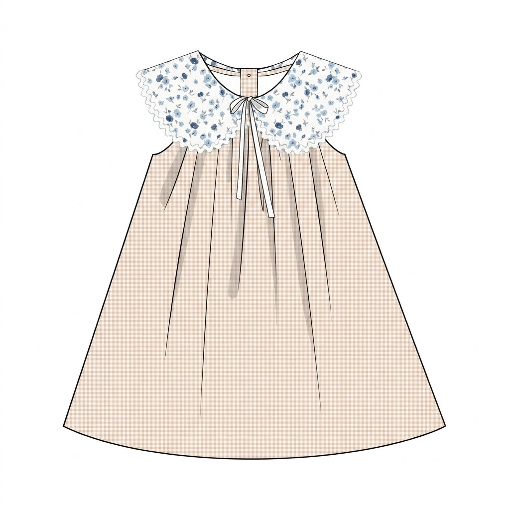 Ivory gingham dress with blue floral collar and ribbon