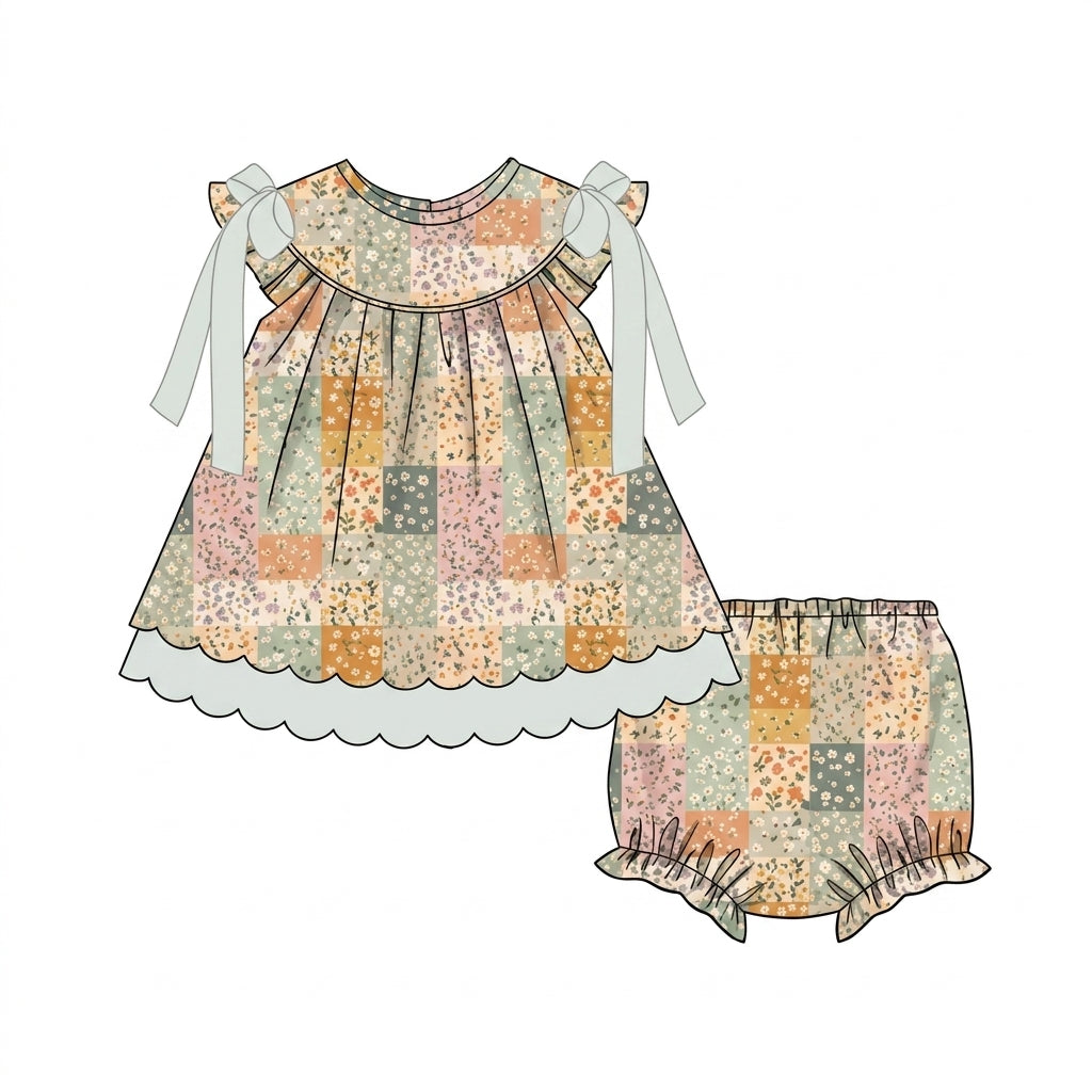 Patchwork floral dress with matching ruffle bloomers