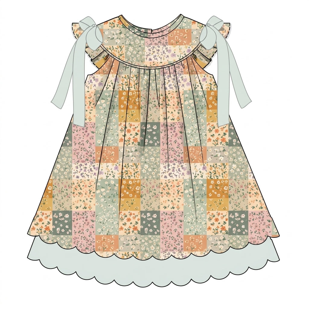 Girls patchwork fall dress with sage bow ties