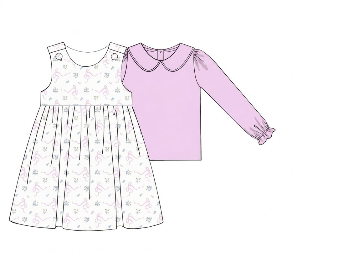 Ivory printed pinafore dress with pink collared blouse