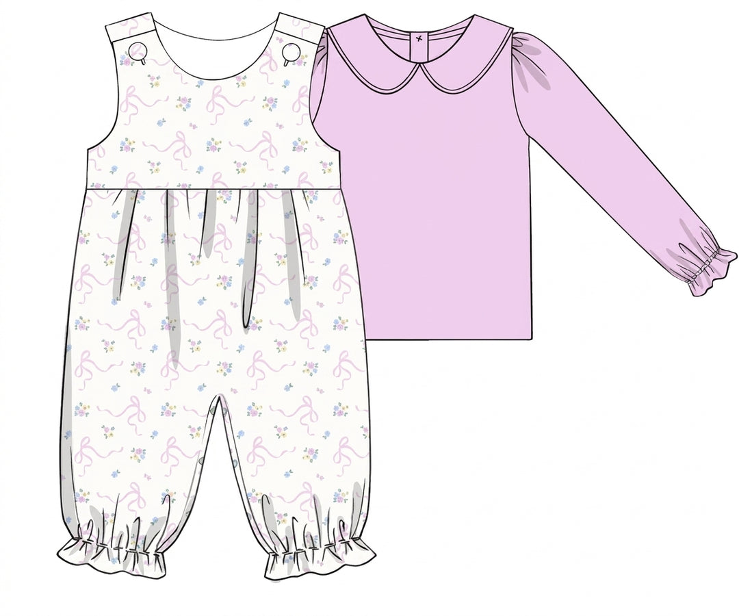 White floral overall set with pink collar top