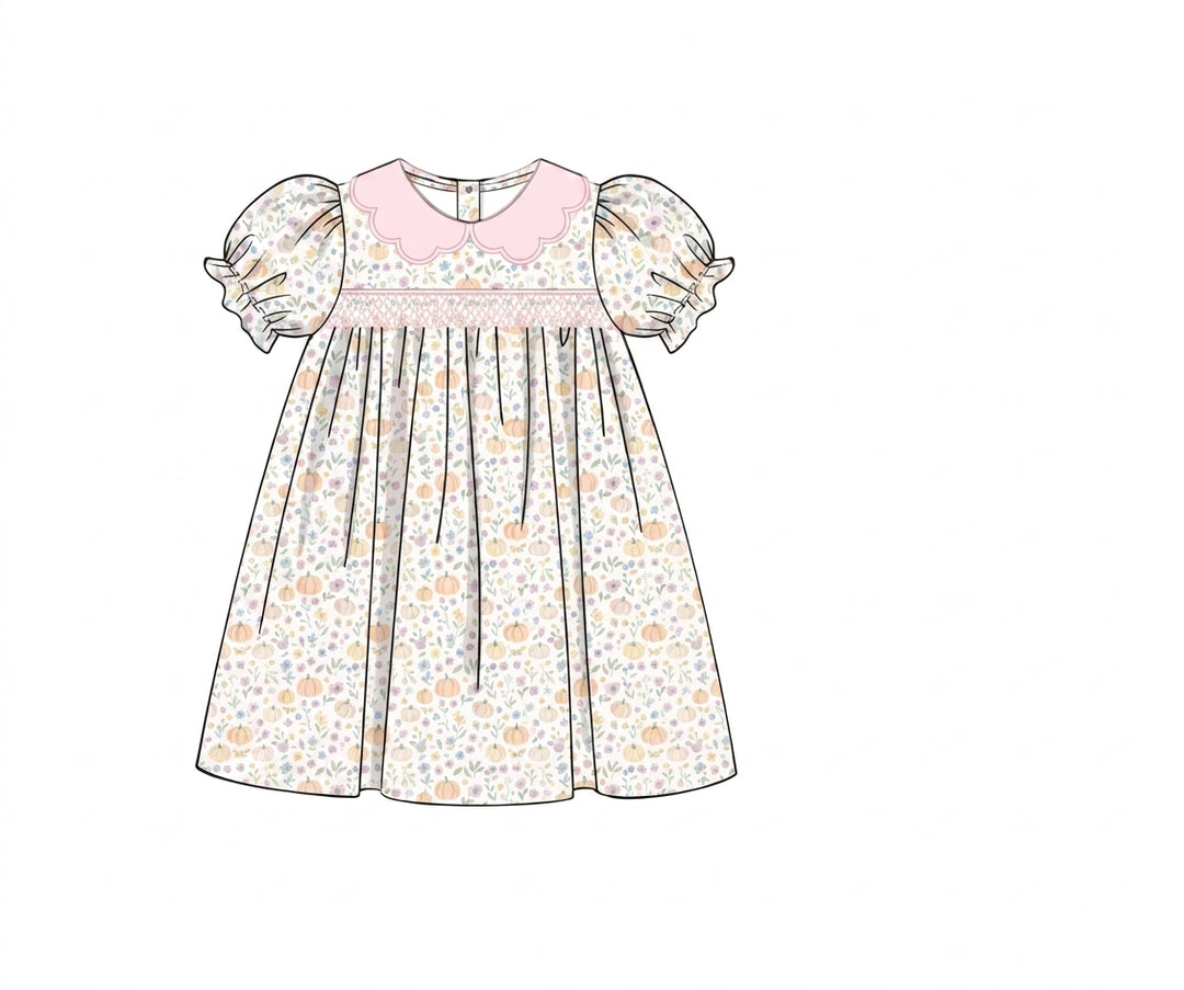 Pastel floral smocked girls dress with pink collar
