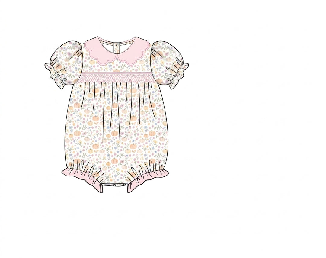 Cream floral baby bubble with pink scalloped collar