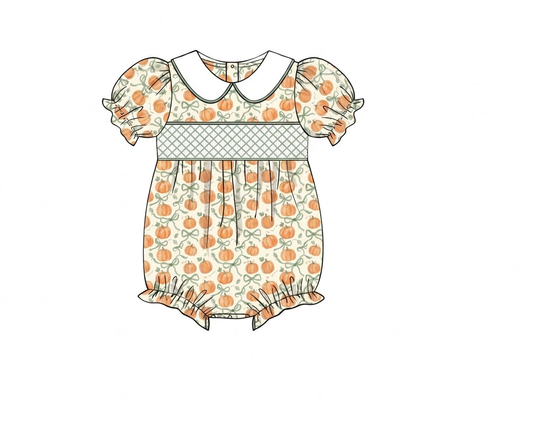 Cream pumpkin print baby bubble with green smocking