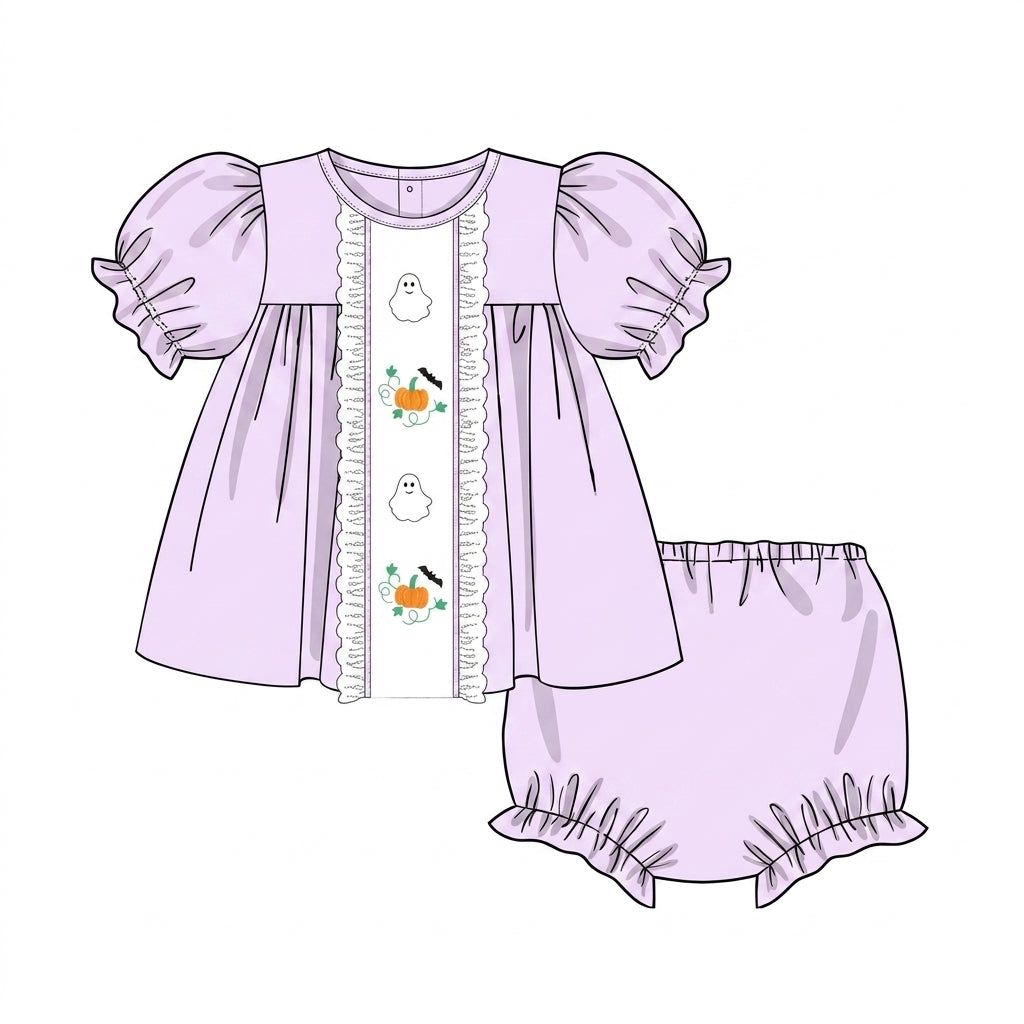 Lavender diaper set with ghost and pumpkin embroidery